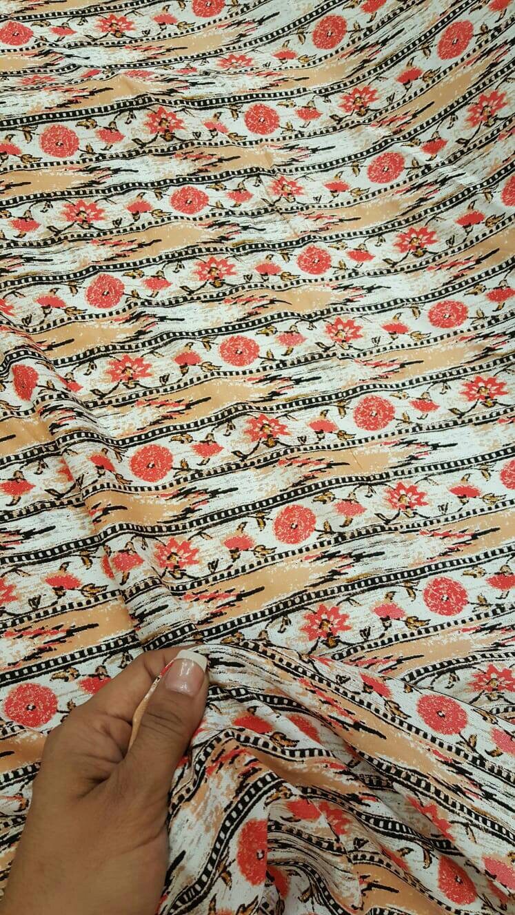 Rayon challis coral peach floral flowers black and off white fabric sold by the yard small flowers draping decoration clothing dress flowy