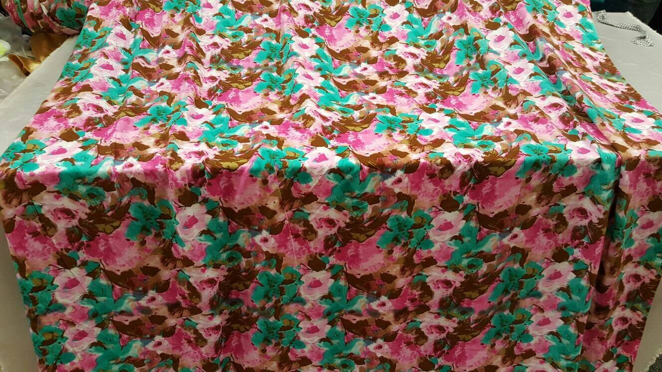 Rayon with Green Fuchsia aqua Brown flowers Floral Print Fabric by the yard soft flowy organic kids dress draping clothing decoration
