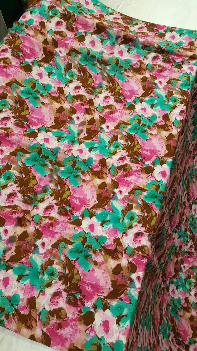 Rayon with Green Fuchsia aqua Brown flowers Floral Print Fabric by the yard soft flowy organic kids dress draping clothing decoration