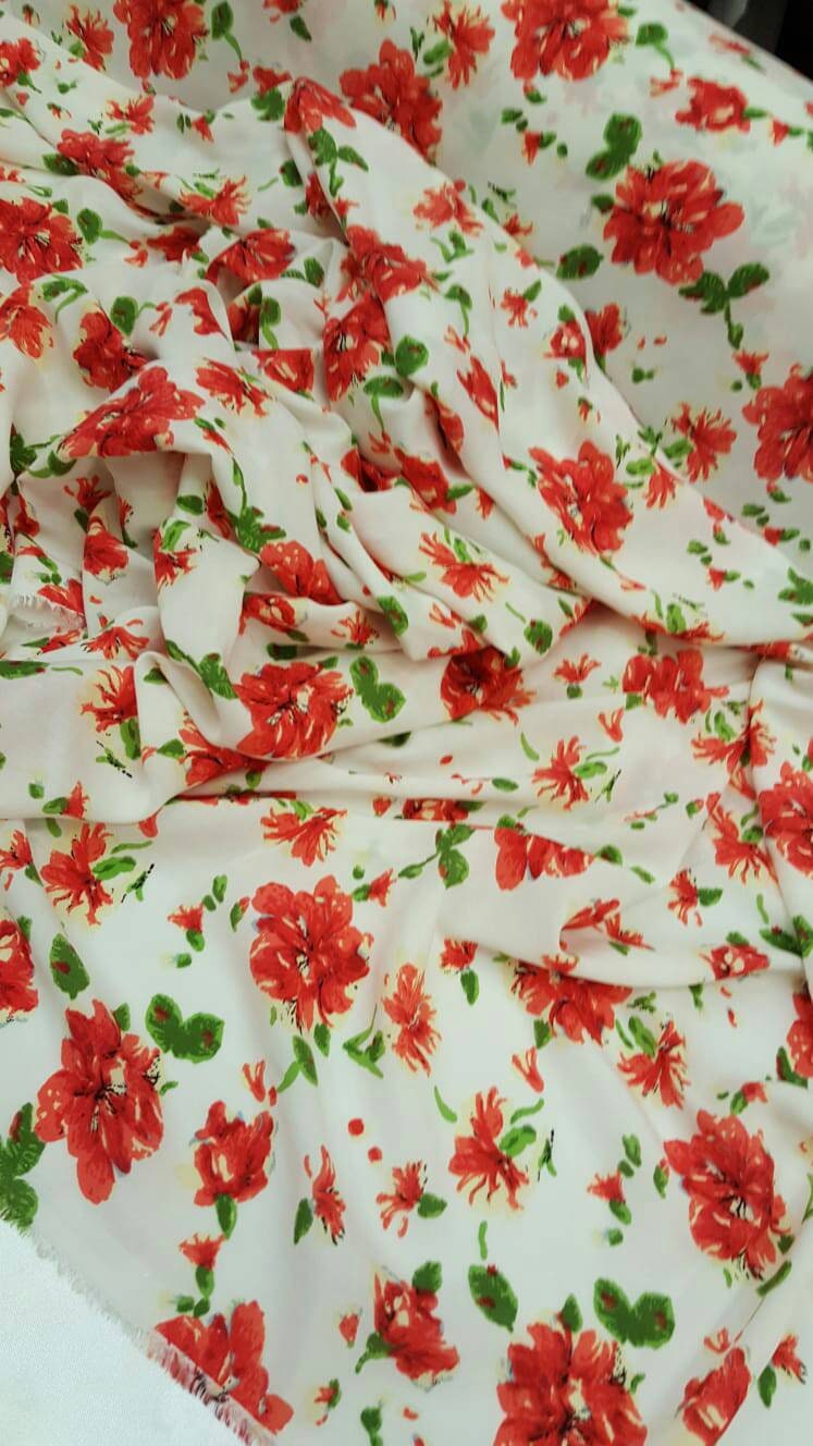 100% rayon challis red and green floral flowers inspired white background  Fabric by the yard soft organic kids dress draping clothing  flow