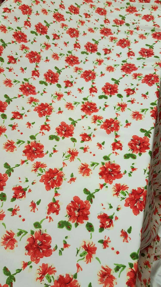 100% rayon challis red and green floral flowers inspired white background  Fabric by the yard soft organic kids dress draping clothing  flow