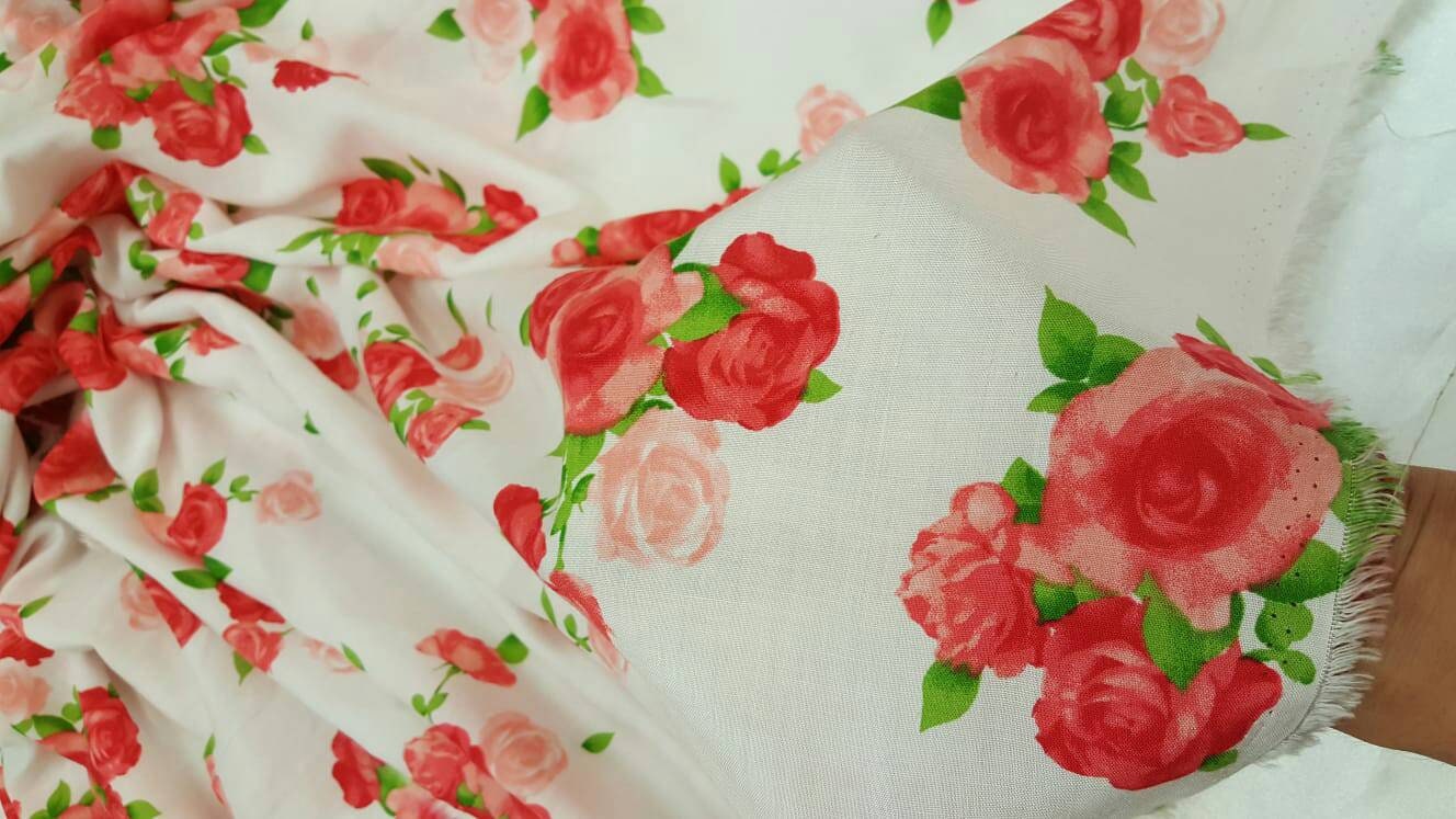 Rayon challis floral flowers roses red pink green Fabric by the yard soft organic kids dress draping clothing decoration flowy ligth weight