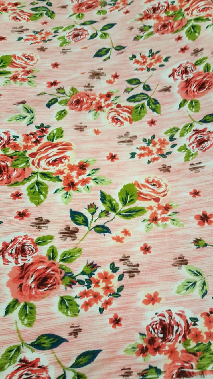 Rayon crepon textured  floral flowers Coral and green on pink background organic fabric sold by the yard soft organic kids dress draping