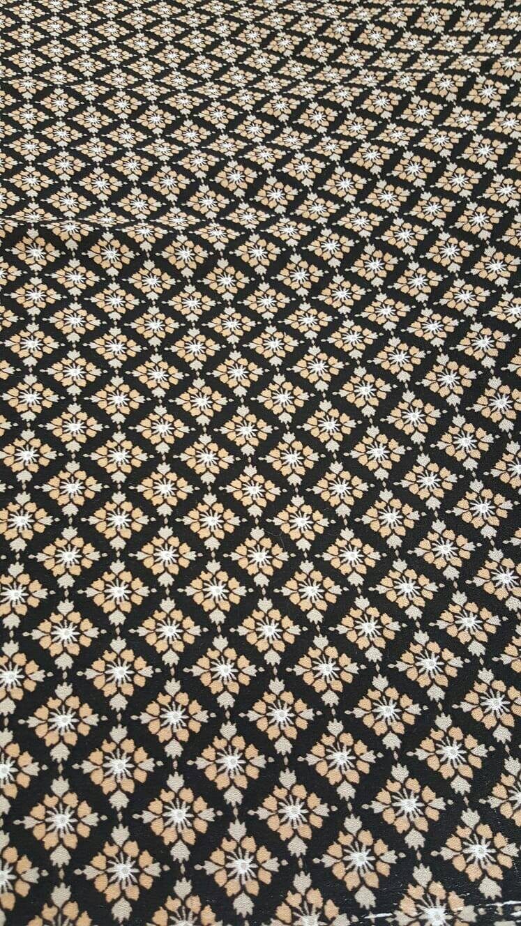 Rayon challis Tiny floral flowers gray champagne Beige on black background Fabric by the yard soft flowy organic kids dress draping clothing