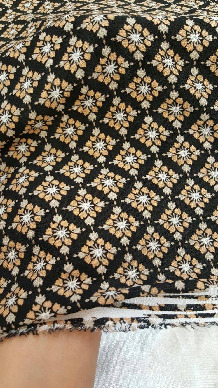 Rayon challis Tiny floral flowers gray champagne Beige on black background Fabric by the yard soft flowy organic kids dress draping clothing