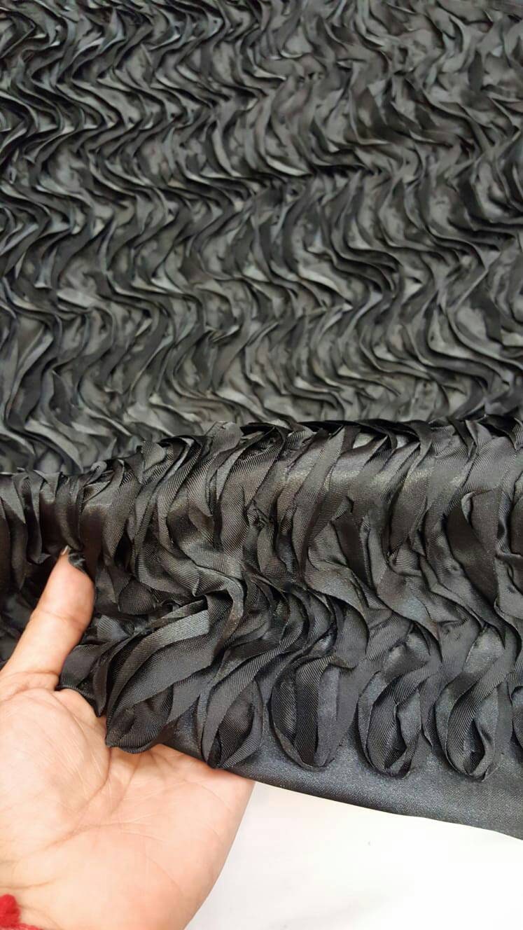 Black Satin waves rufles decoration fabric sold by the yard gown Quinceañera bridal Evening dress decoration draping table cloths clothing