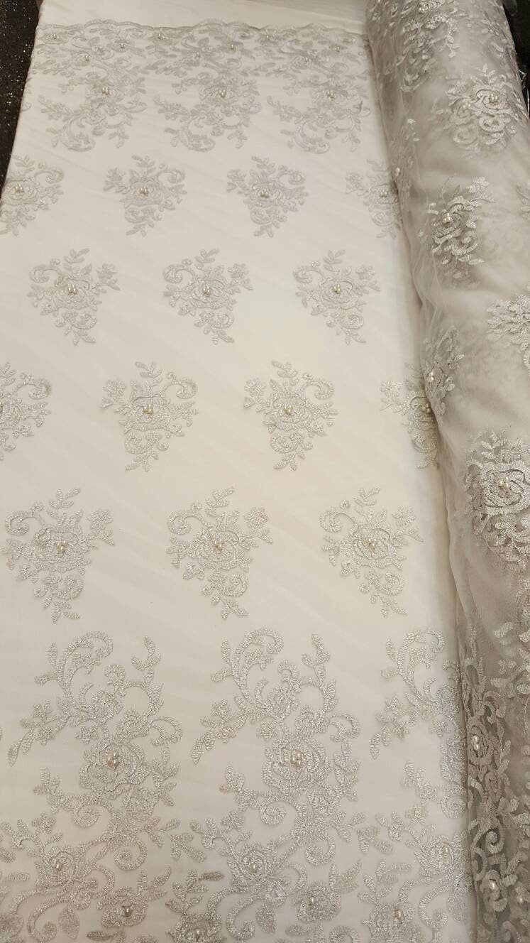 Silver Embroidery Lace floral flowers double scalloped Prom fabric sold by the yard Bridal Evening Dress Pearls on mesh