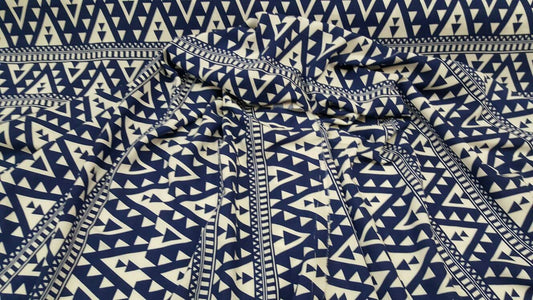 100% Rayon challis geometric white and blue organic  Fabric by the yard soft flowy