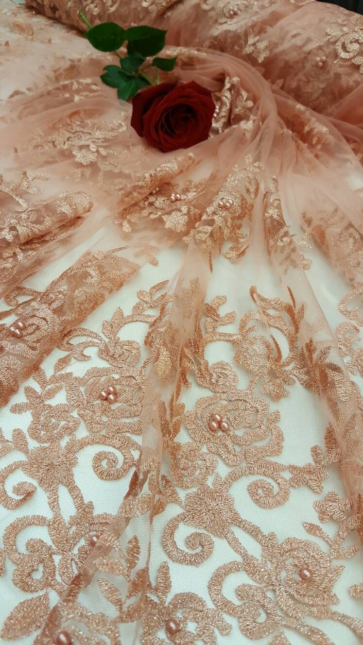 Peach Embroidery Lace Floral Flowers Pearls On Mesh Prom Fabric Sold By The Yard Gown Quinceañera Bridal Decoration Draping