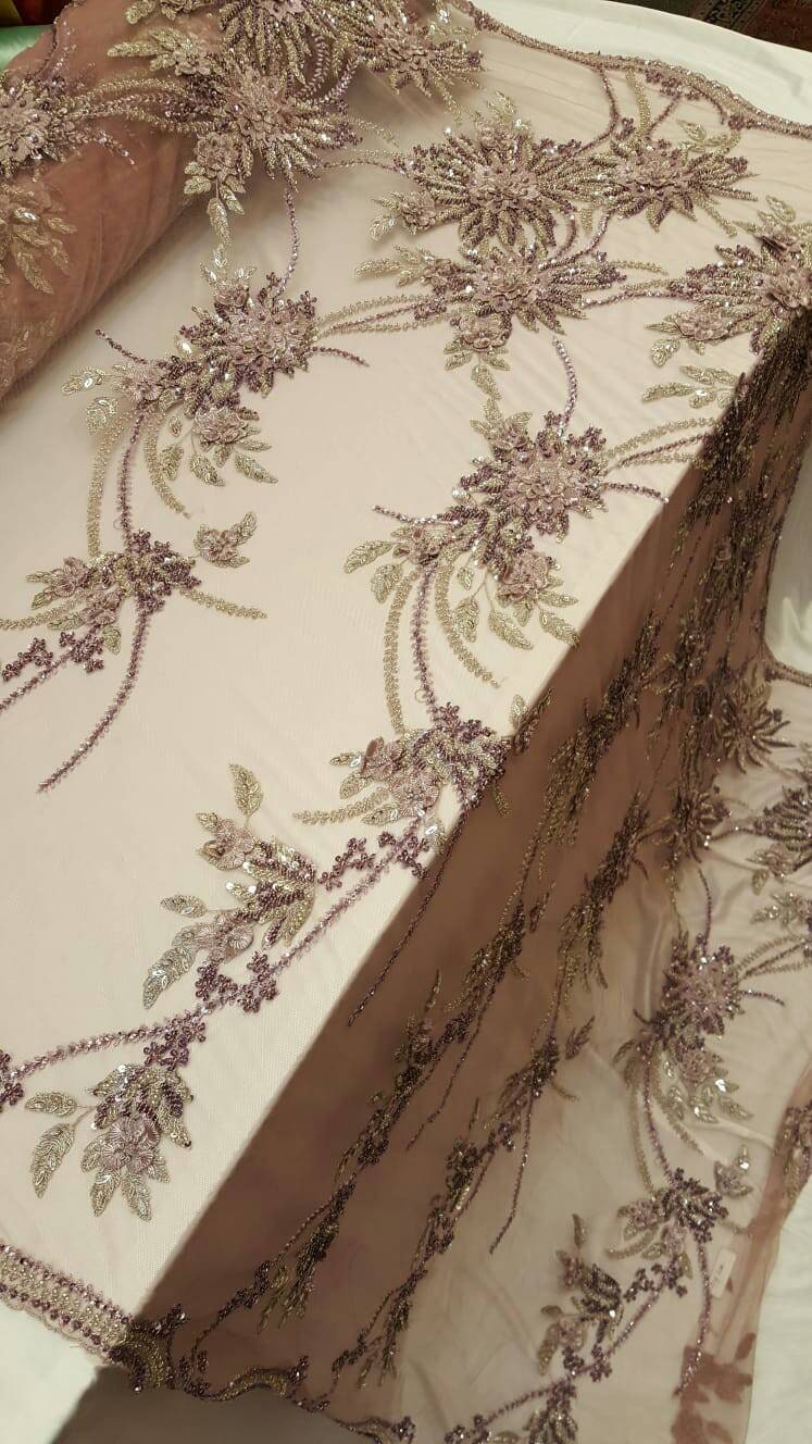 Mauve Hand Beaded Lace Floral Double Scalloped Embroidered Rhinestone Pearls Prom Fabric Sold By The Yard Gown Quinceañera