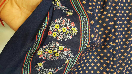 100% Rayon Challis Floral, 70's inspired Print Fabric by the yard double scalloped small yellow floral on navy blue background