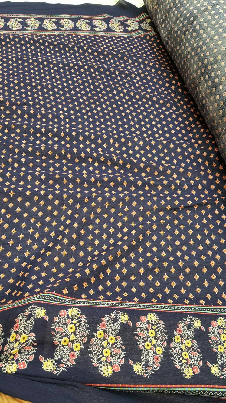 100% Rayon Challis Floral, 70's inspired Print Fabric by the yard double scalloped small yellow floral on navy blue background