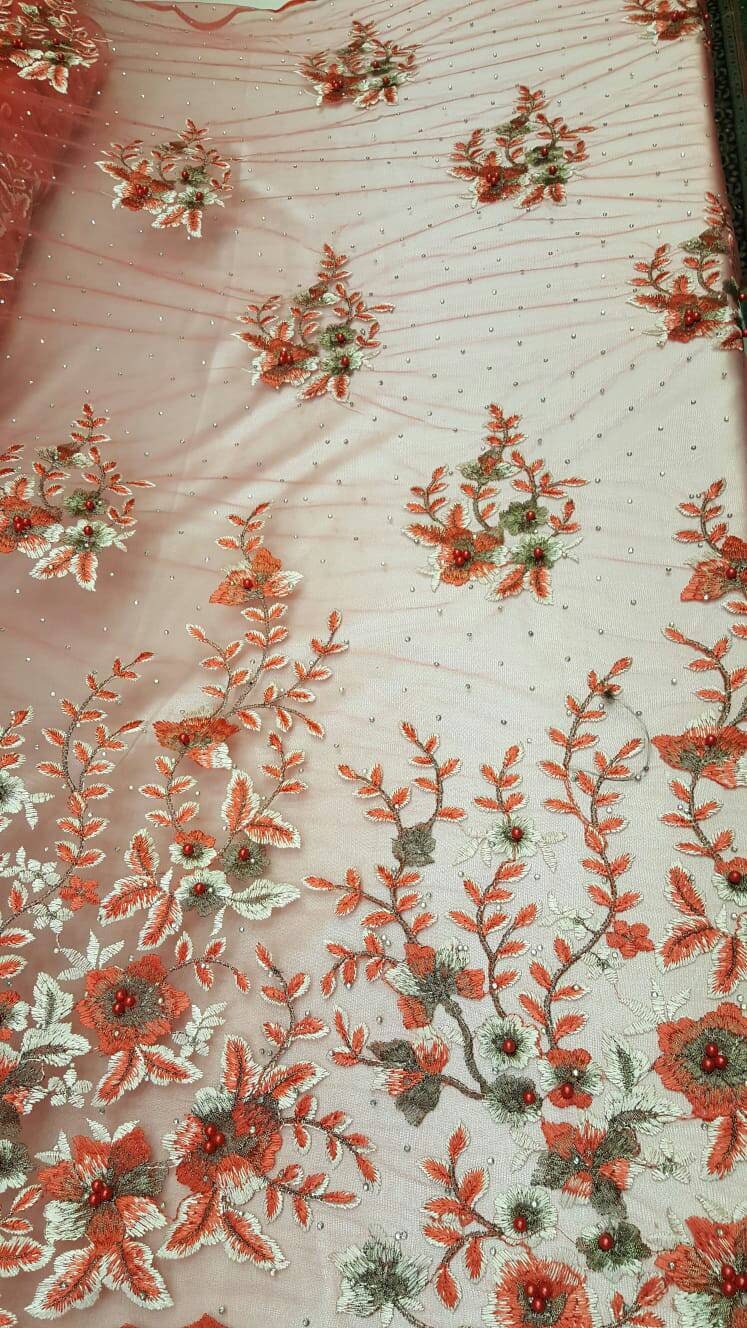 Coral Lace Embroidered Flowers Floral Pearls Rhinestone On Mesh Prom Fabric Sold By The Yard Gown Quinceañera Bridal Fashion