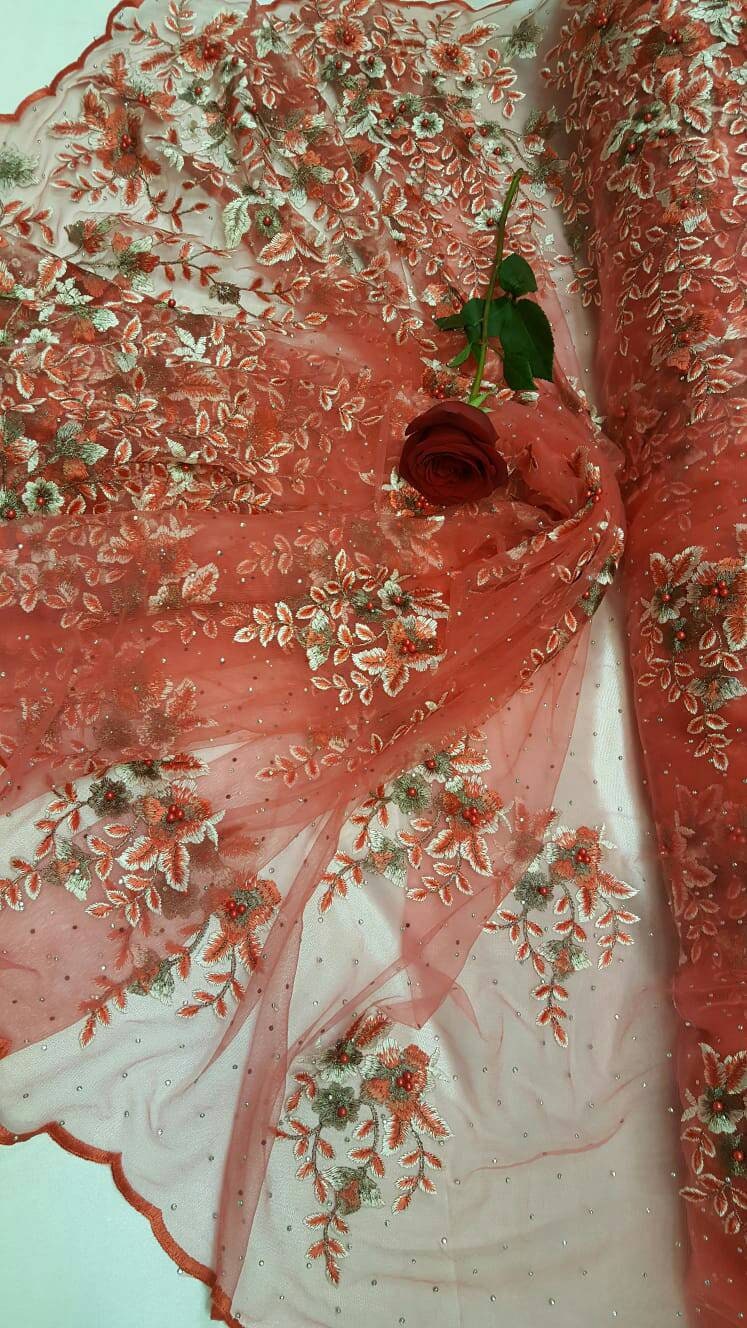 Coral Lace Embroidered Flowers Floral Pearls Rhinestone On Mesh Prom Fabric Sold By The Yard Gown Quinceañera Bridal Fashion