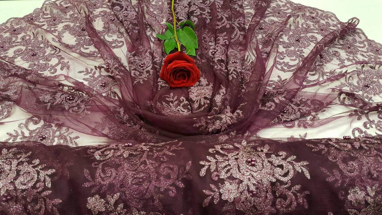 Eggplant Lace floral flowers embroidered on mesh pearls shining Mylar double scalloped Prom fabric sold by the yard gown Quinceañera bridal