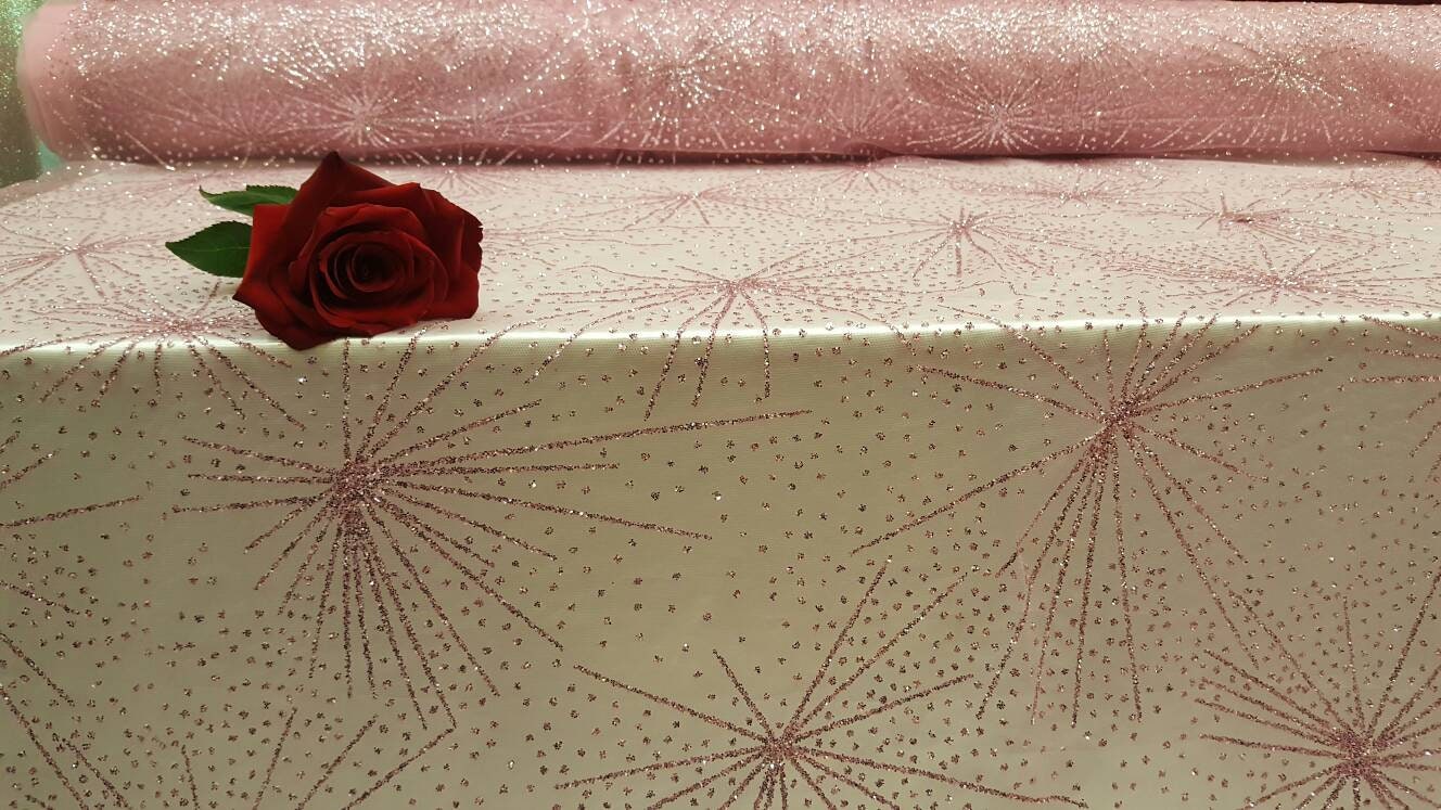 Pink Glitter Lace Stars Sparkly Fabric Sold by the Yard Gown Quinceañera Bridal Decoration Draping Table Cloths Shine