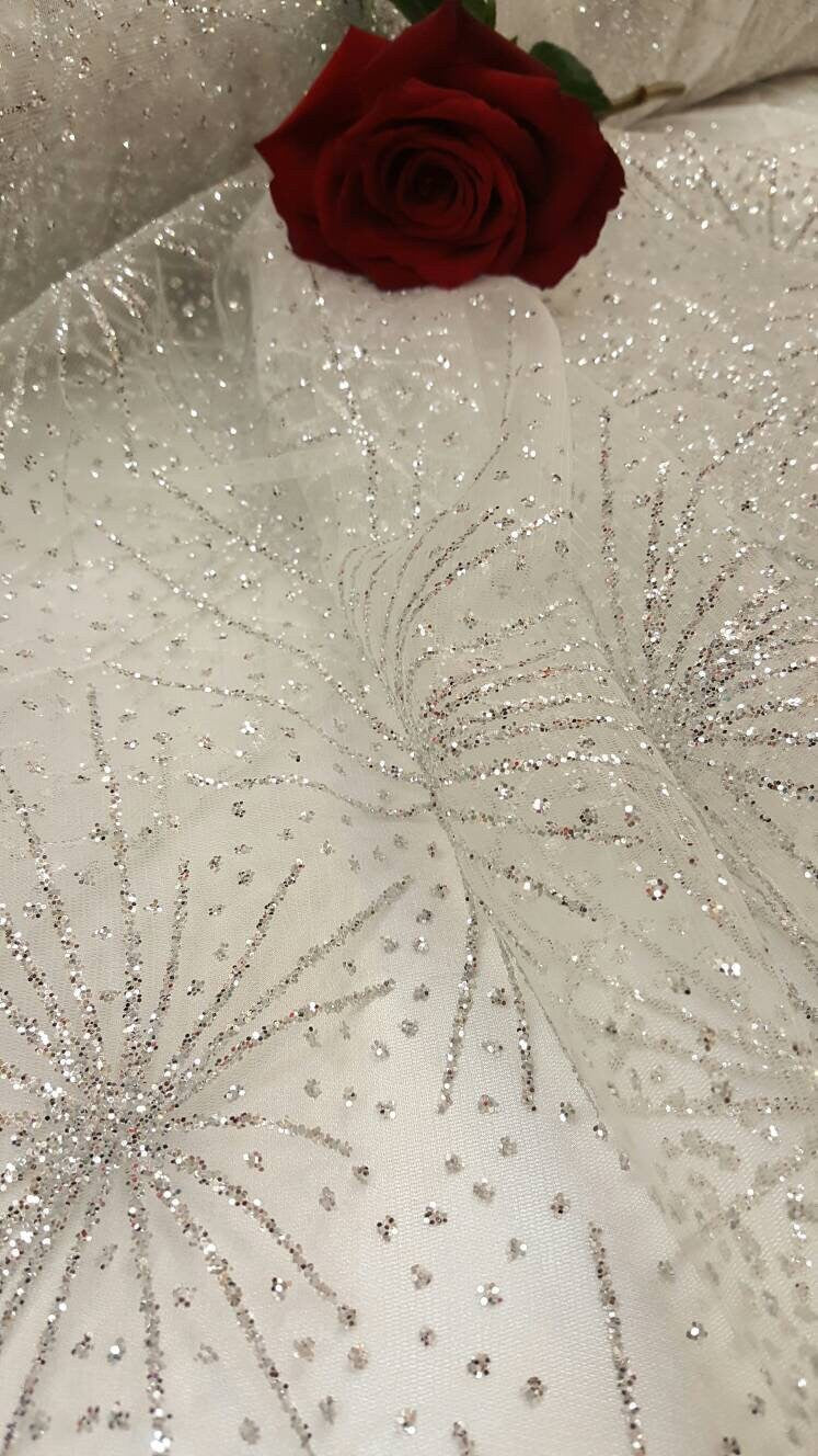 Silver Glitter Lace Stars Sparkly Prom Fabric Sold by The Yard Bridal Dress Quinceañera Gown Fashion New Lace Draping Decoration