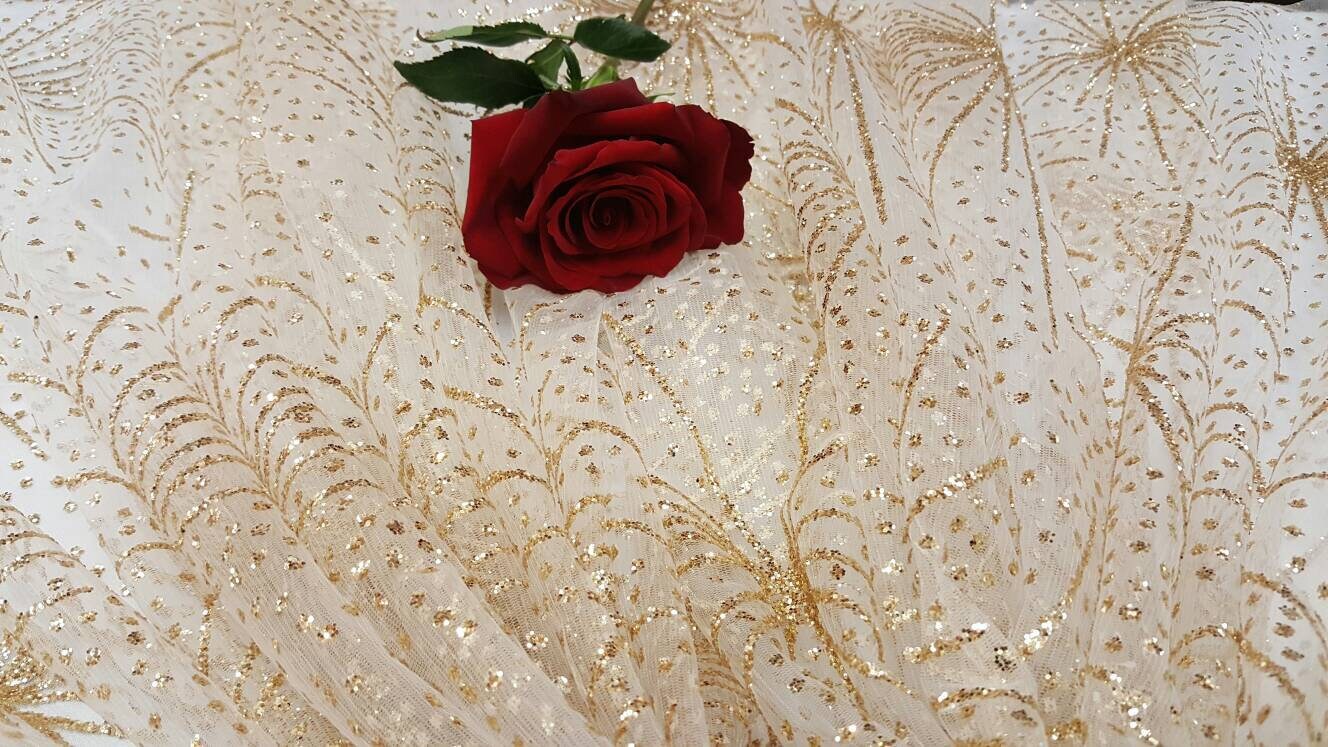 Gold Glitter Lace Stars Sparkly Prom Fabric Sold By The Yard Fashion Lace Quinceañera Bridal Evening Dress Shine New Gown Draping