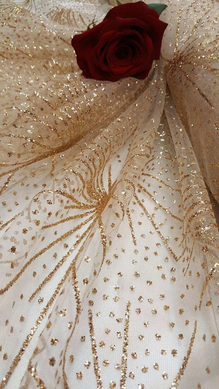 Gold Glitter Lace Stars Sparkly Prom Fabric Sold By The Yard Fashion Lace Quinceañera Bridal Evening Dress Shine New Gown Draping