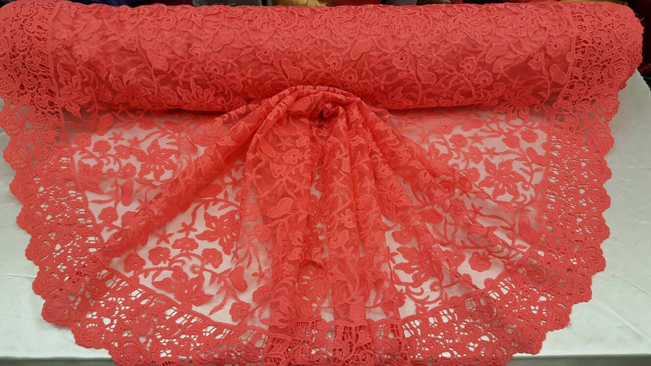 Coral Embroidery Lace Double Scalloped Prom Fabric Sold By The Yard Floral Flowers On Mesh Bridal Fashion Tablecloth Decoratio