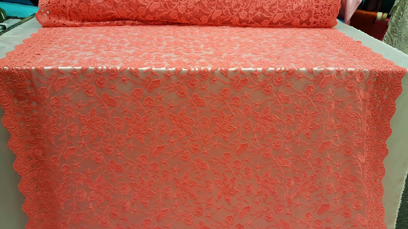 Coral Embroidery Lace Double Scalloped Prom Fabric Sold By The Yard Floral Flowers On Mesh Bridal Fashion Tablecloth Decoratio