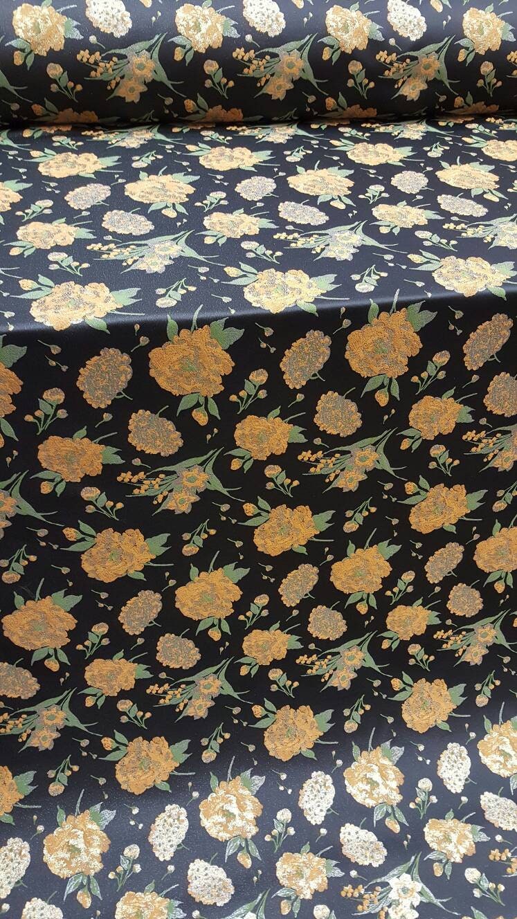 Black & Gold Floral Brocade Jacquard Fabric - Sold by Yard - Gown, Prom, Bridal Dress