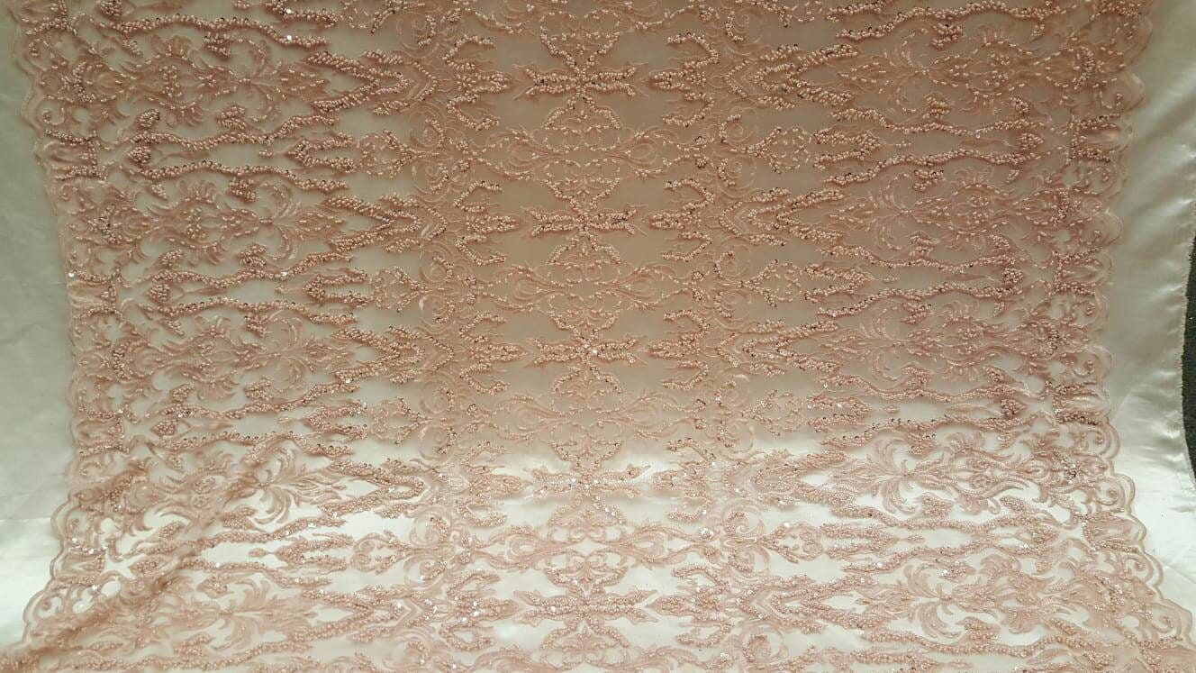 Dusty Rose Hand Beaded Lace Fabric By The Yard Damask Pattern Quinceañera Dress Bridal Evening Gown Fashion Beaded Lace Geometric