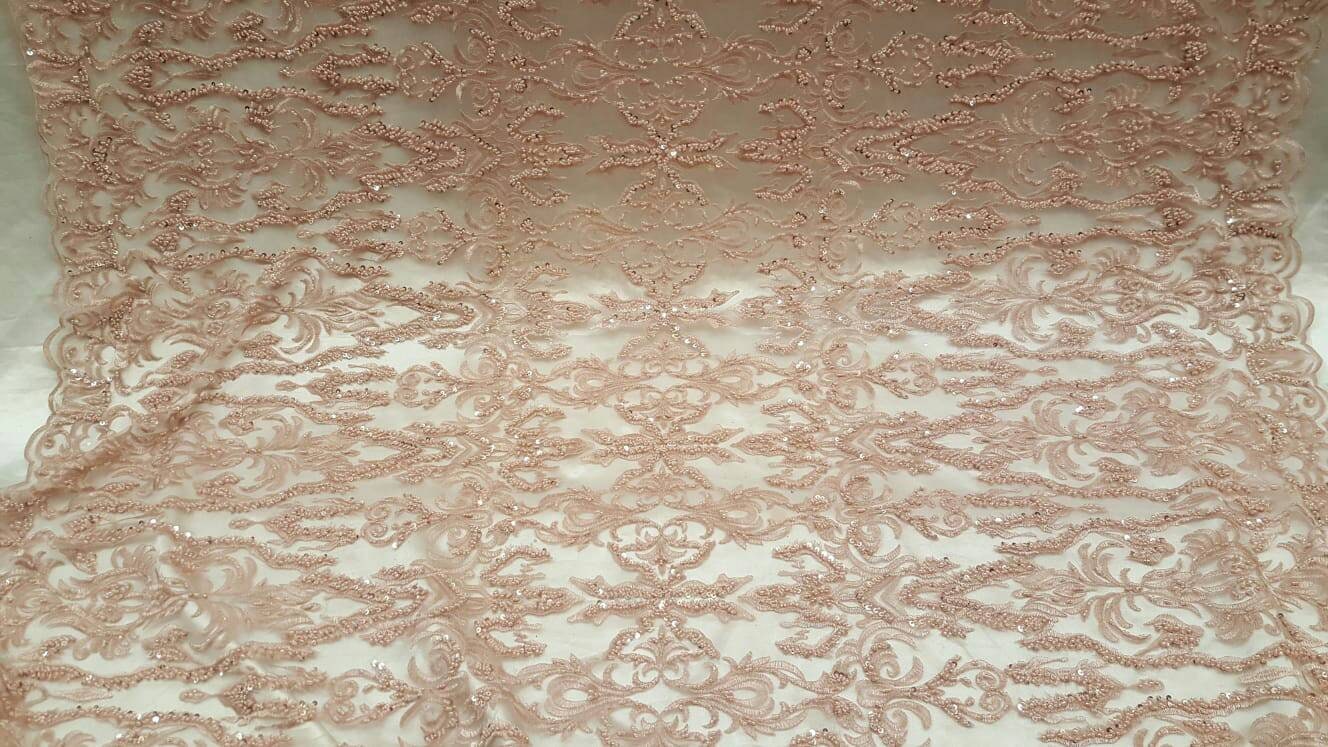 Dusty Rose Hand Beaded Lace Fabric By The Yard Damask Pattern Quinceañera Dress Bridal Evening Gown Fashion Beaded Lace Geometric