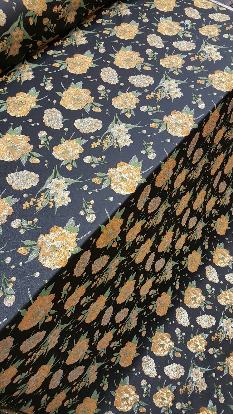 Black & Gold Floral Brocade Jacquard Fabric - Sold by Yard - Gown, Prom, Bridal Dress