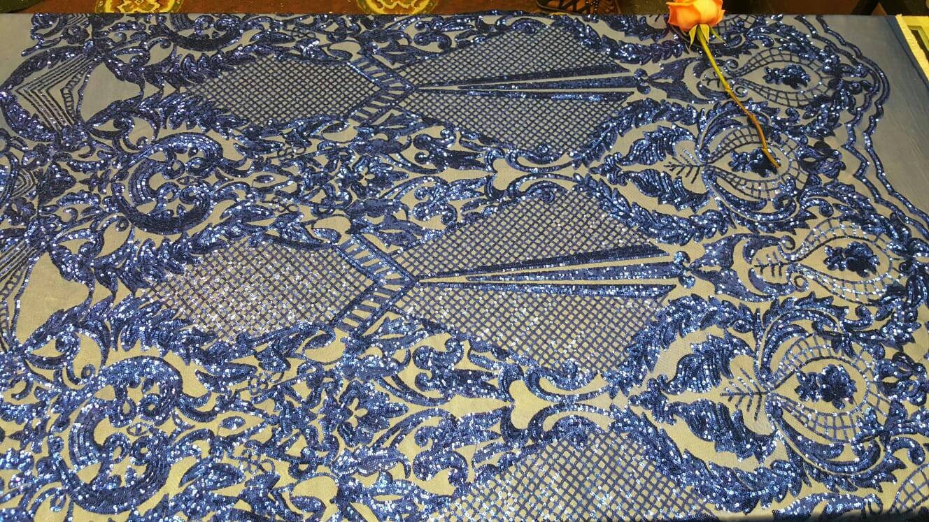 Royal Blue Sequin Lace On Stretch Mesh Prom Fabric Sold By The Yard Vintage Pattern Victoriana Egg Geometric Fashion Dress Bridal Evening Go