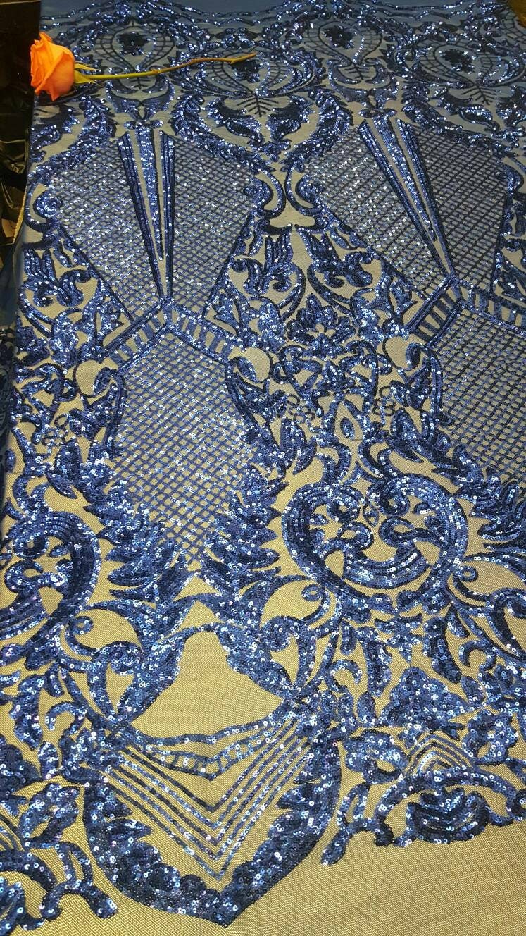 Royal Blue Sequin Lace On Stretch Mesh Prom Fabric Sold By The Yard Vintage Pattern Victoriana Egg Geometric Fashion Dress Bridal Evening Go