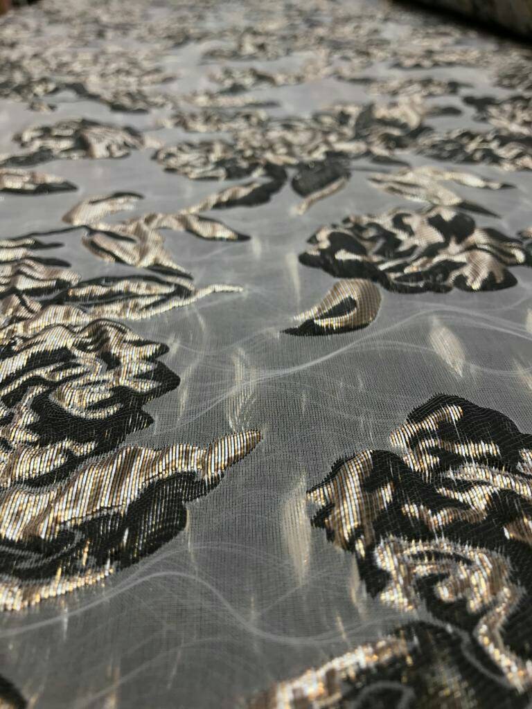Black and Gold Metallic Brocade Floral Flowers on Off White Jacquard Prom Fabric Sold by The Yard Bridal Evening Dress Fashion New Fabric