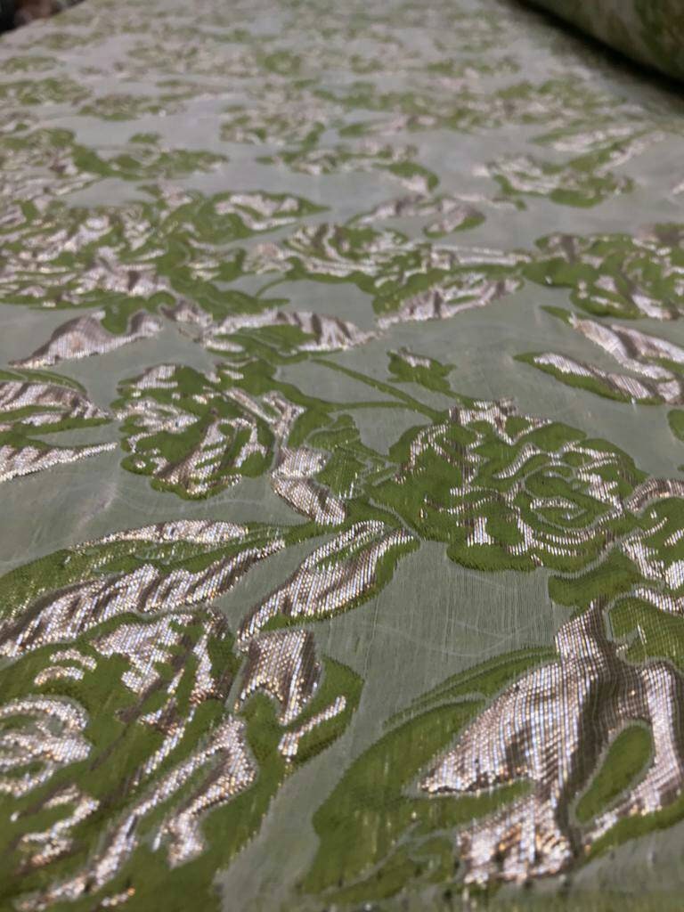 Lime Green Gold Metallic Floral Brocade Jacquard Fabric - Sold by Yard - Gown, Quinceañera, Bridal Dress