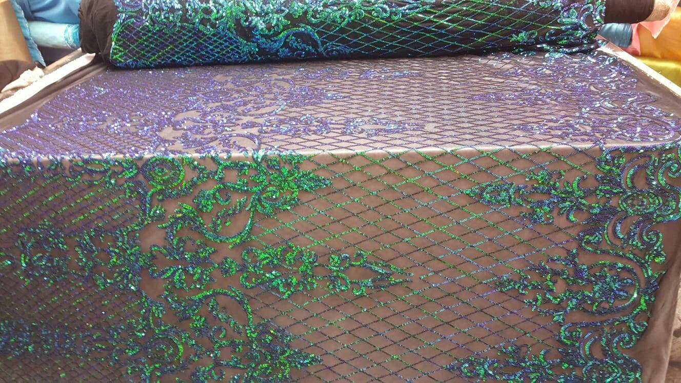 Iridescent Green Sequin Lace Stretch Mesh Iridescent Holografic Geometric Pattern Prom Fabric Sold By The Yard Bridal Evening