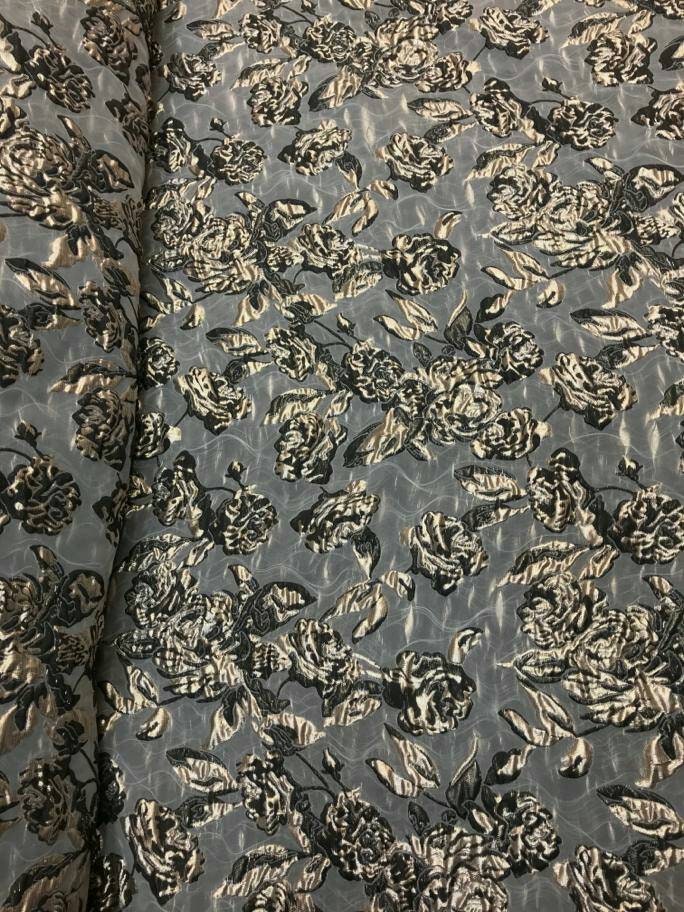 Black and Gold Metallic Brocade Floral Flowers on Off White Jacquard Prom Fabric Sold by The Yard Bridal Evening Dress Fashion New Fabric