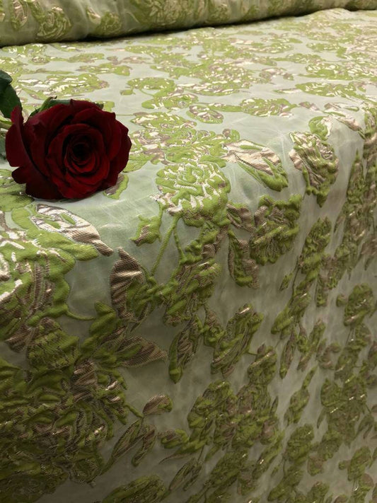 Lime Green Gold Metallic Floral Brocade Jacquard Fabric - Sold by Yard - Gown, Quinceañera, Bridal Dress