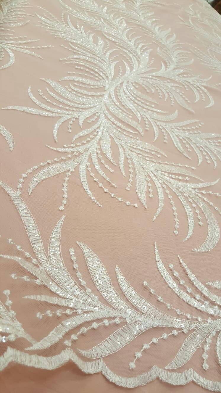 Off White Bridal Lace Clear Sequin On Mesh Embroidery Branches Fabric Sold By The Yard Wedding Gown Gorgeous Bridal Evening Dress Shine Lace