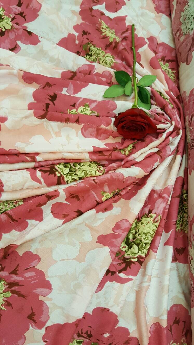 100% Rayon Challis Big Pink Blush Flowers Floral Soft Light Weight Dress Decoration Draping Table Cloths Clothing Off White  Background
