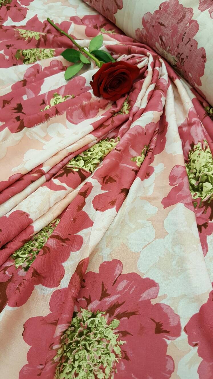 100% Rayon Challis Big Pink Blush Flowers Floral Soft Light Weight Dress Decoration Draping Table Cloths Clothing Off White  Background