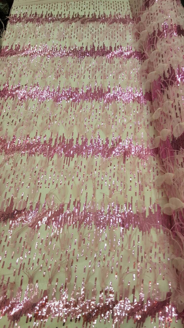 Fuchsia Lace Feathers Sequin Embroidered On Pink Mesh Fabric Sold By The Yard Gown Quinceañera Prom