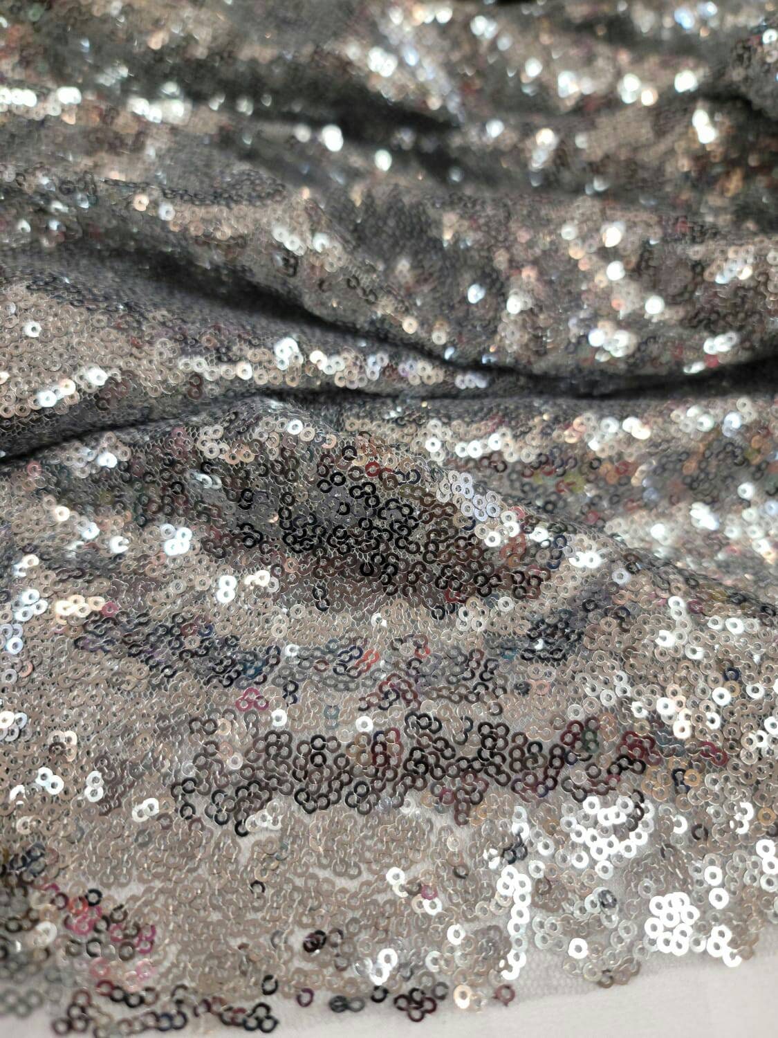 Silver Sequin Stretch Fabric Sold by the Yard Dancer Clothing Decoration Draping Clothing Fashion Prom Dress Bridal Gun Metal