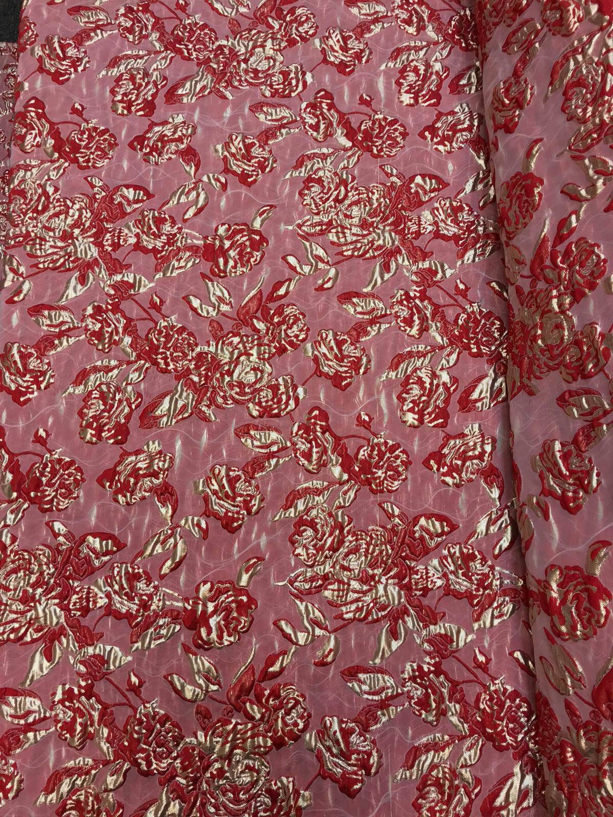 Brocade Floral Flowers Red and Metallic Gold Fabric by the Yard Shine Prom Evening Dress Gorgeous Decoration Dancer Clothing Jacquard Floral