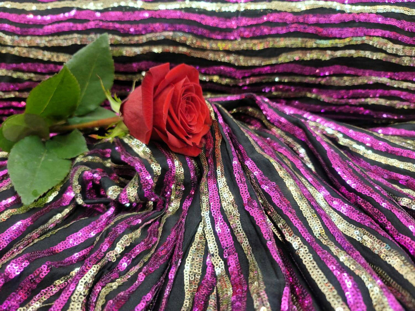 Gold and Fuchsia Sequin Shine Sequin Fabric Sold By The Yard Fashion Sequin on Black Jersey Knit Stretch Sequin Stripes Sequin Gold