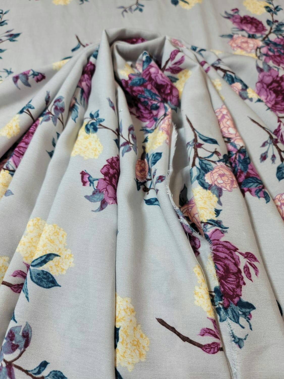 Rayon Challis Fabric By The Yard Ligth Gray Background Pinkish Floral Flowers Multicolor Dress Clothing Fabric By The Yard