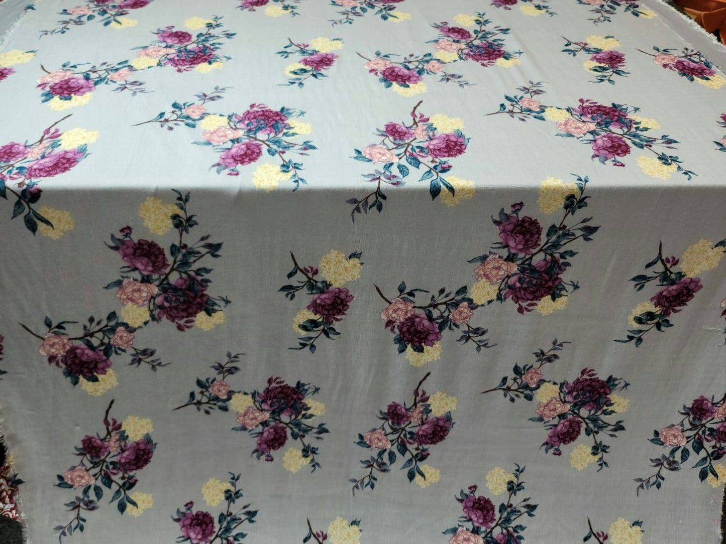 Rayon Challis Fabric By The Yard Ligth Gray Background Pinkish Floral Flowers Multicolor Dress Clothing Fabric By The Yard