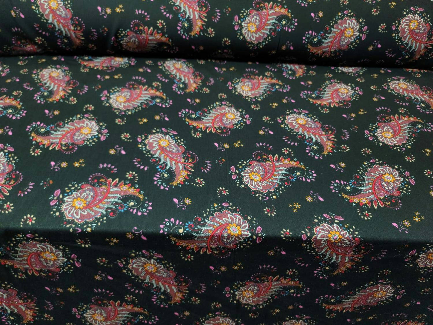 Rayon Challis Black Background Paisleys Multicolor Floral Flowers  Fabric By The Yard Pink Red Orange Dress Clothing