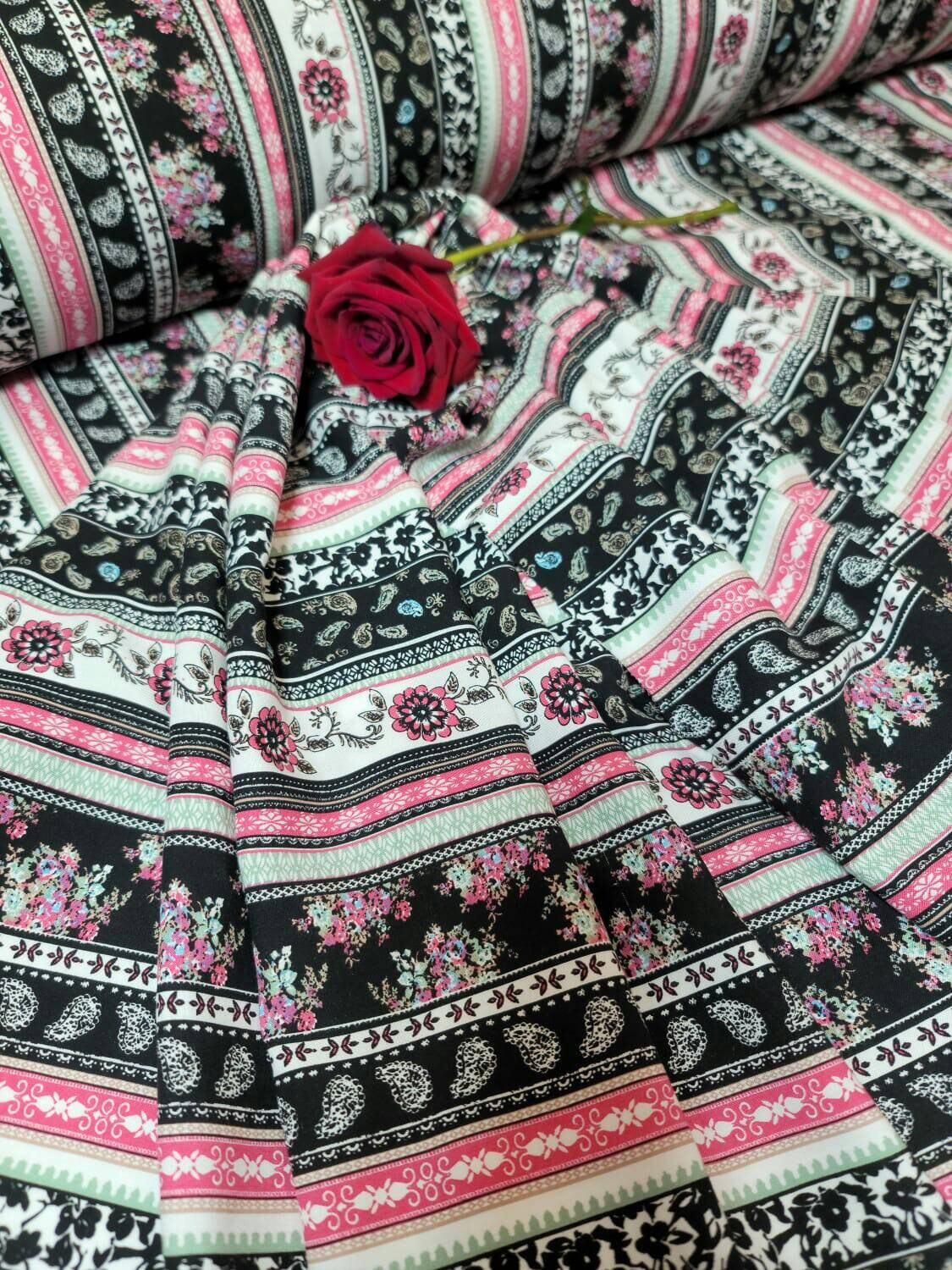 Rayon Challis Multicolor Pink Floral Flowers Paisleys Stripes White Background Fabric By The Yard Flowy Dress Clothing Flowy Light Weight