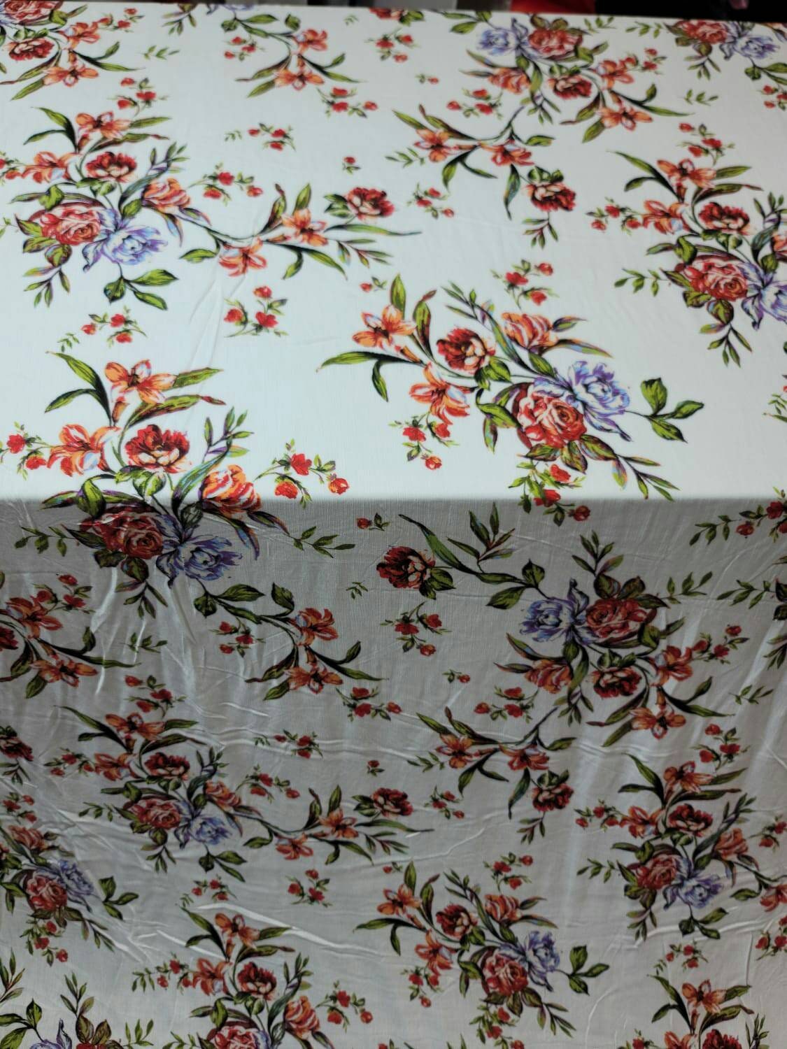 Rayon Crepe Off White Background Coral Red Green Floral Flowers 58-60 Inches Wide. Fabric By The Yard Soft Organic kids Dress Clothing Flowy