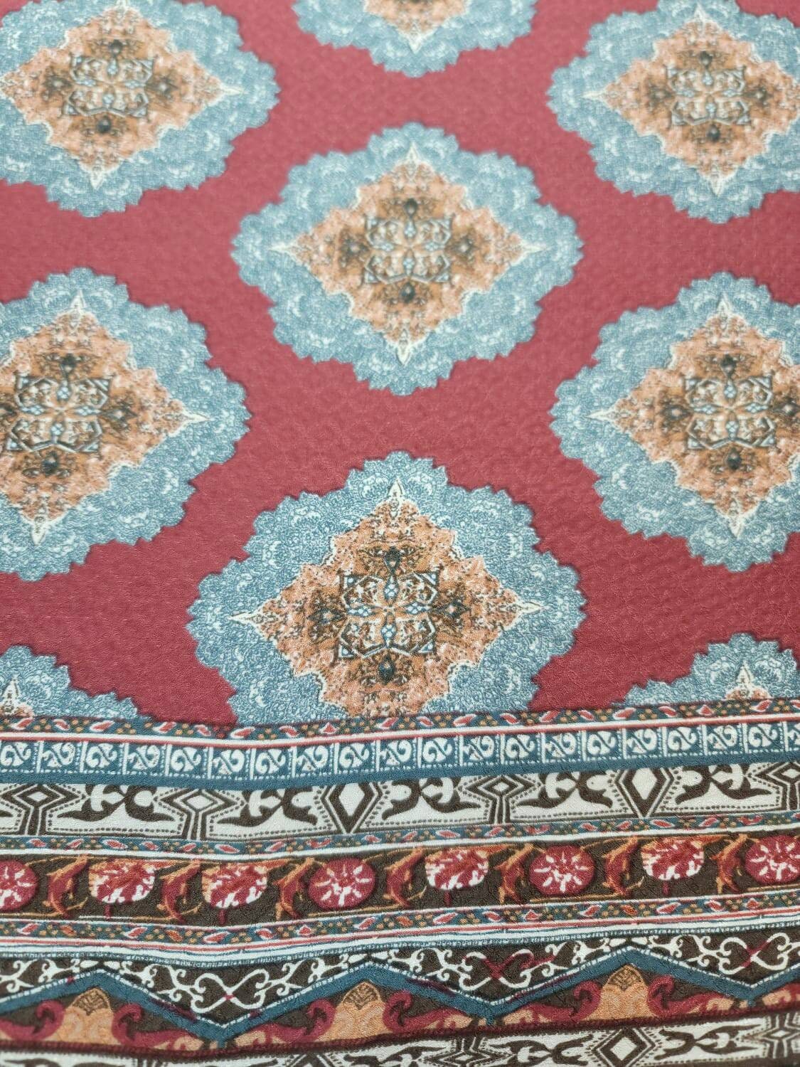Rayon Challis Fabric By The Yard Blue Ikat Burgundy Background Double Scallops Dress Draping Clothing Light Weight Fabric 58 INCH Wide