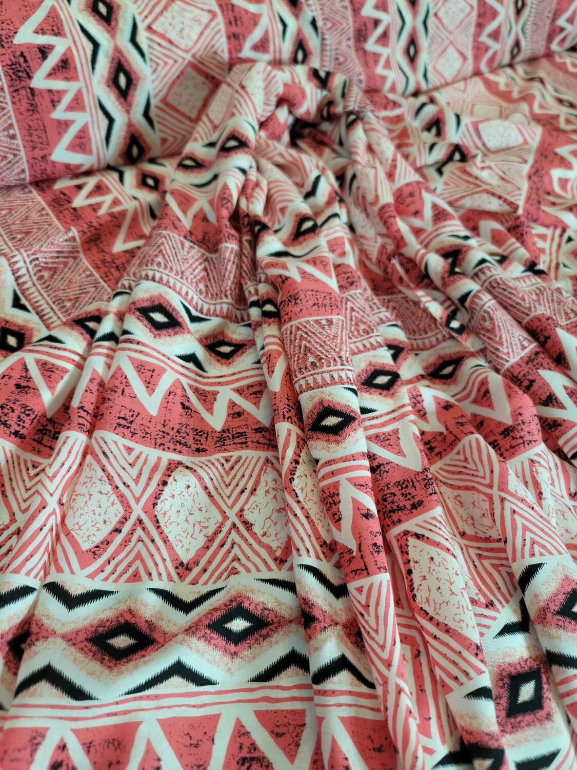 Rayon Challis Fabric By The Yard Pink Coral Off White Print Abstract Dress Draping Clothing Decoration